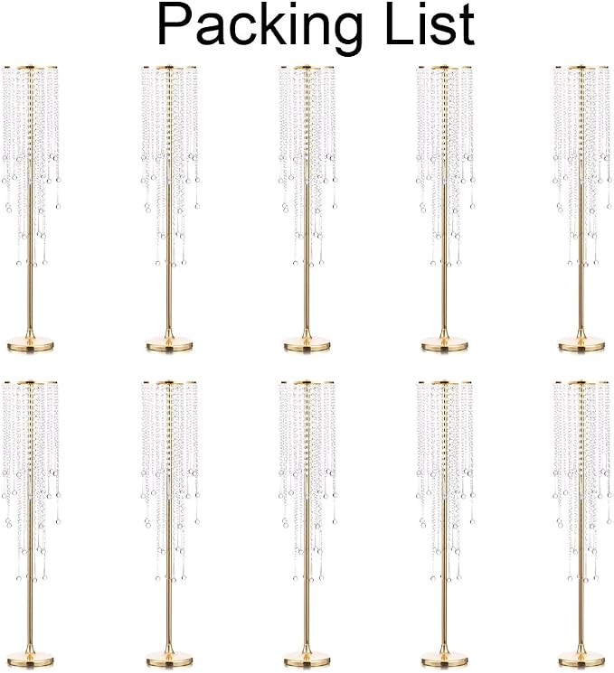 10 Pcs 39.4" Gold Flower Vase with Chandelier Crystal, Centerpiece Table Decorations, Metal Stand for Wedding, Reception, Party, Events, Home