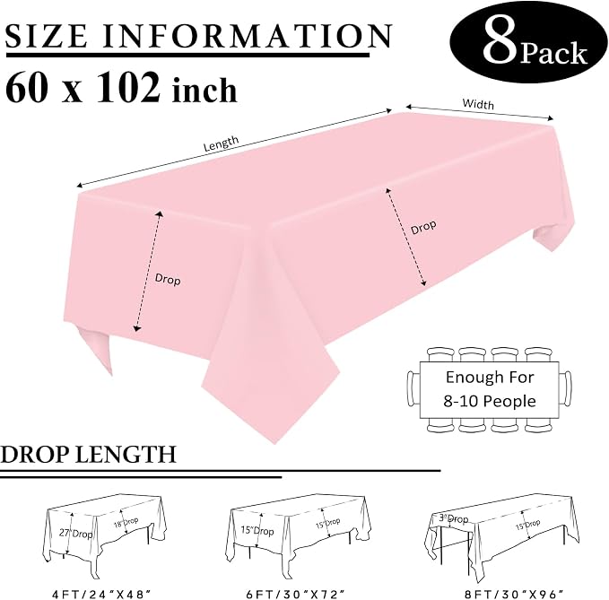 8 Packs Pink Tablecloth 60x102 Inch Rectangular Table Cloth for 6 Foot Rectangle Tables, Wrinkle Resistant Polyester Tablecloth Washable Table Covers for Wedding Party Buffet Dining