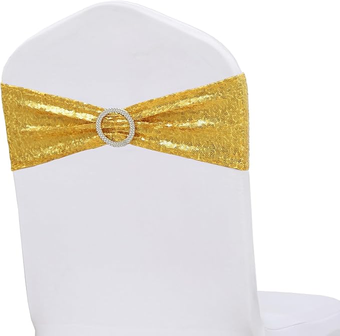 Double-Sided Sequins Gold Chair Sashes for Wedding Decor, Golden Sequin Chair Sashes Bands with Silver Buckles, Chair Bows for Party Ceremony Event Christmas Decorations - 100 Pack
