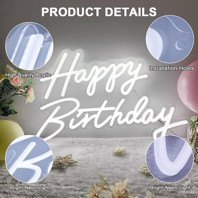 Happy Birthday Neon Sign for All Partys, Large Size-23 x 14inch, Led Neon Signs With Dimmable Switch for Wall Decor, Photo Backdrop (Power by USB)-by Colysor