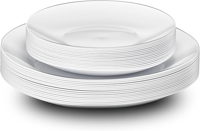 PLASTICPRO 32 Piece Combo Plates Set includes 16-7'' inch Plate & 16-10'' inch Plates White Plates with Silver Rim Plastic PartyPlate Premium heavyweight Elegant, Disposable, Tableware, Dishes,