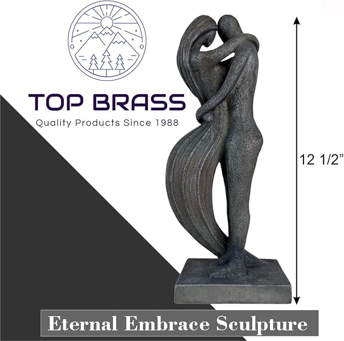 Top Brass Eternal Embrace Romantic Couple Sculpture – 12 1/2” Resin Lovers Statue (Graphite Kiss & Moon-wash Limestone) – Modern Home Décor Wedding Anniversary Love Art (Graphite Kiss)