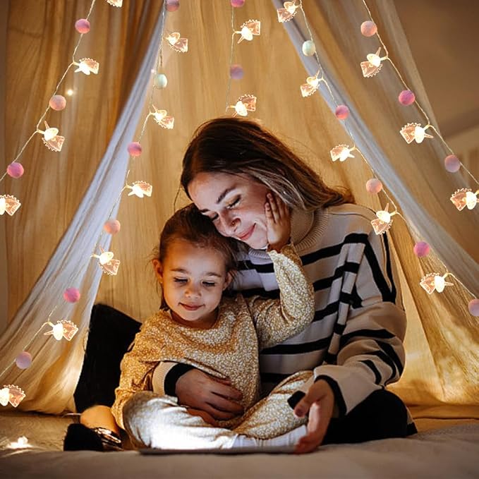 9.85FT Room Decor String Lights with 20 Cute PomPoms 20 Pink Unicorn LED Lights Battery Operated with Timer for Girls Bedroom Birthday Party Kids Playhouse Wedding Valentine's Day Christmas Decoration
