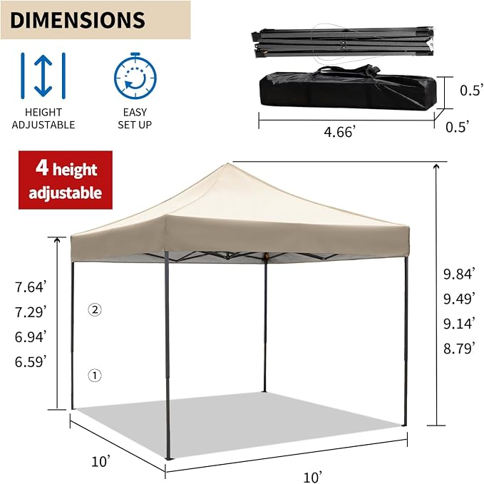 10x10 Heavy Duty Canopy Pop Up Commercial Canopy Tent, Vendor Tent with 400D Oxford Fabric for Camping Outdoor Events Parties Weddings, UPF 50+ Waterproof (Khaki)