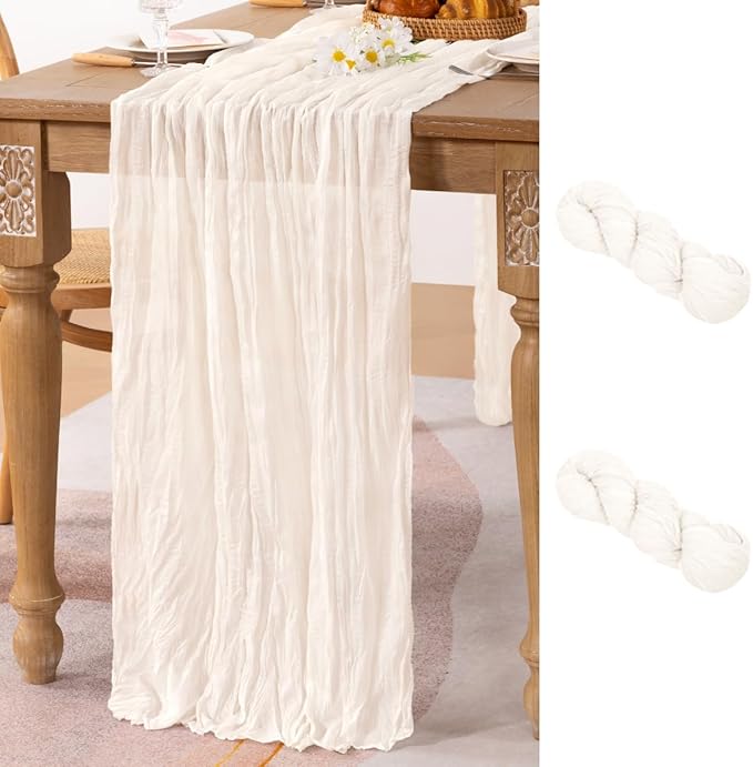 MLMC 2 Pack Ivory White Table Runner Rustic Gauze Cheesecloth Table Runner 10ft Cheese Cloth Centerpiece Decor 35x120 Inches for Dessert Anniversary Wedding Bridal Baby Shower Decor