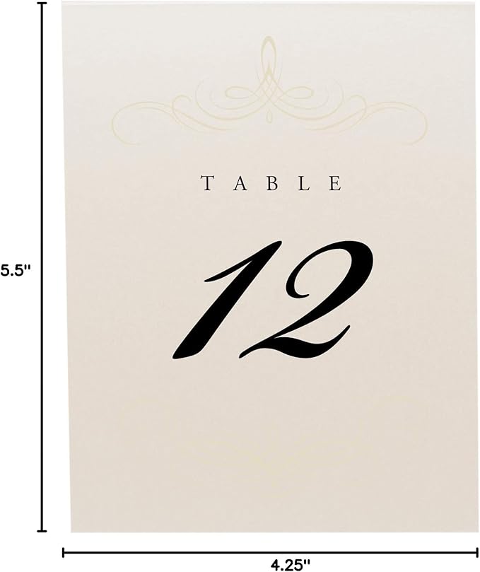 Decadent Flourish Wedding Table Numbers (Select Color/Quantity), Champagne, Ivory, 1-70, Double Sided, Tent or Use in a Stand, Great for Parties & Restaurants - Made in the USA