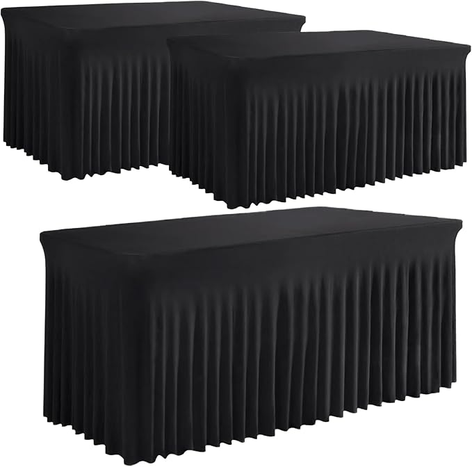 3 Pack Black Table Skirt, Wrinkle-Free Spandex Table Covers 6ft, Elastic Fitted Washable Tablecloth for Rectangle Tables for Wedding, Banquet, Party, Events