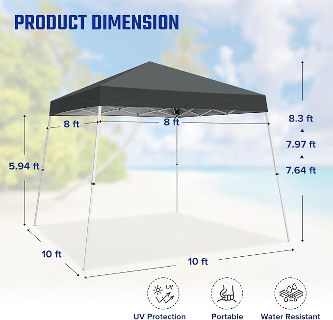 10x10 Pop Up Canopy Tent with Carry Bag, Slant Leg Instant Shade Shelter for Outdoor Events, Camping, Sports, Parties, Gray