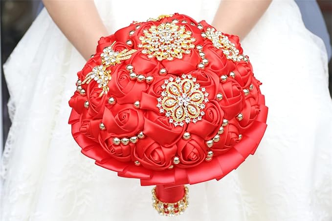 Red Bridal Wedding Bouquet Luxury Gold Rhinestone Brooch Bouquet for Bride Bridesmaid Quinceanera Satin Red Rose Artificial Flower Bouquet Wedding Red 8.3in,Bouquet3218G-Red21