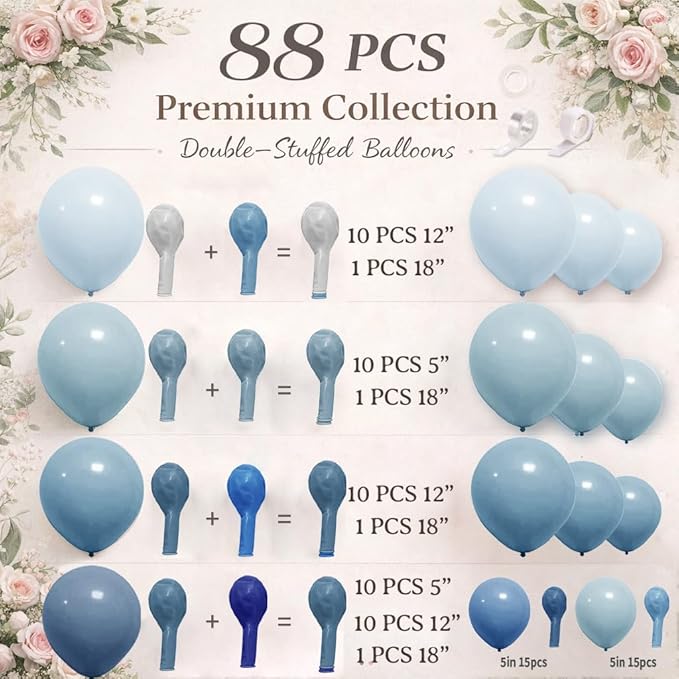 Dusty Blue Balloon Arch Kit - 84 Pcs Double Stuffed Light Blue, Slate Blue and Baby Blue Balloon Garland for Baby Shower, Wedding, Birthday, Gender Reveal, Easter & Ocean Theme Party Decorations