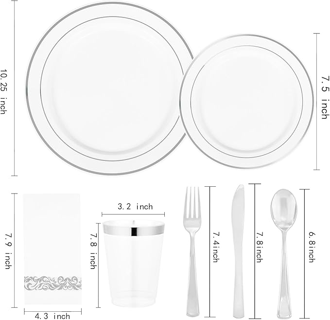Supernal 400pcs Silver Plastic Dinnerware Set Heavy Duty Disposable Plates Include Silver Plastic Dessert Plates,50 Spoons & Knives & Cups & Napkins & 100 Forks,Prfect For Party and Wedding
