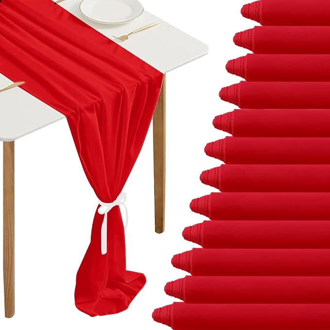Fivenl 12 Pack Chiffon Table Runner - 12 x 120 Inches Sheer, Romantic, Wedding & Party Decoration (12" x 120", Red)