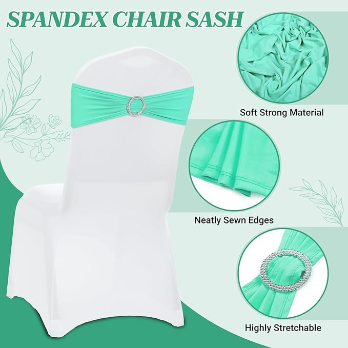 MDS Pack of 75 Spandex Chair Sashes Bow Premium Stretch Chair Cover Band with Buckle Slider Universal fits Elastic Dining Chair Ties for Wedding Party Banquet Events Decoration - Sea Green