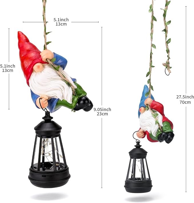 Solar Hanging Gnome Garden Statues Climbing Rope Gnome with LED Lantern Outdoor Decor Tree Hugger Yard Porch Wall Fence Decoration Mother's Day Birthday Gifts for Mom Women, Red Hat