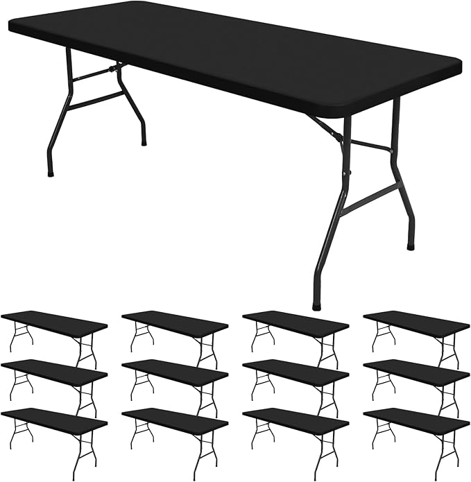 12 Pack Stretch Fabric Table Top Cap Cover, fits 6FT Tables, Black Spandex Table Covers Elastic Universal Rectangle Tablecloth Protector for Indoor Outdoor Party Picnic (Black, 30" W x 72" L)