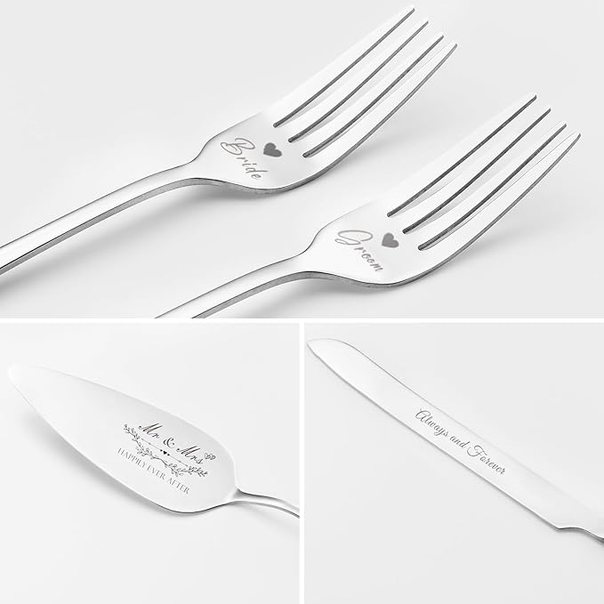 Wedding Cake Knife and Server Set, Silver Cake Cutting Set for Wedding, 4 Pieces Set with Forks for Engagements, Anniversaries, Bride and Groom