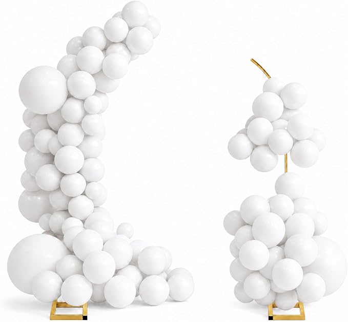 Balloon Arch Stand Kit Set with 145PCS Different Sizes White Balloons – Metal Backdrop Frame with 8 Water Bags, Gold Semi-Open Arch for Birthday, Bridal Shower, Party Decorations Indoor Outdoor.