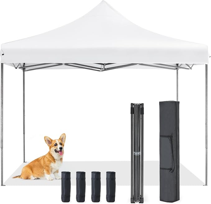 OLIXIS 10x10 FT Pop Up Canopy Tent, Sun Shade Instant Canopy with Windproof Sand Bags, Heavy Duty Portable Outdoor Shelter for Beach Yard Party Events, Bright White