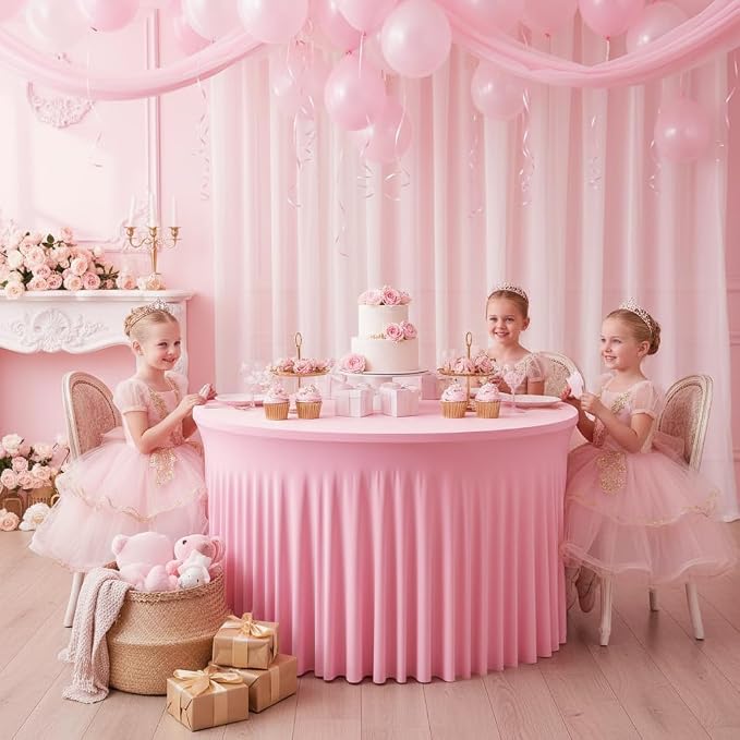 60 Inch Pink Round Tablecloth - Stretch Spandex Fitted Table Cover with Elastic Skirt Edge, Wrinkle-Free & Reusable for 5FT Tables Wedding Banquet Party Birthday Buffet