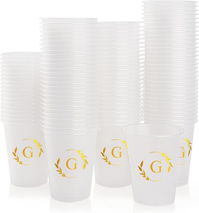 100 Monogrammed Cups Disposable Initial Plastic Cup 12 oz Wedding Personalized Cup for Wedding Reception Baby Shower Birthday Party(Letter G)