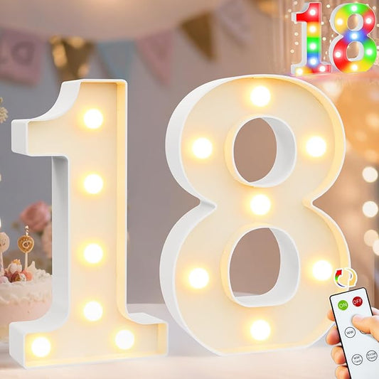Pooqla 18th Birthday Decoration for Girls Boys, Decorative LED Light Up Numbers, Marquee Numbers 18 Sign for Party Backdrop 18th Wedding Anniversary Decor Gift, Warm White and Colorful Number 18
