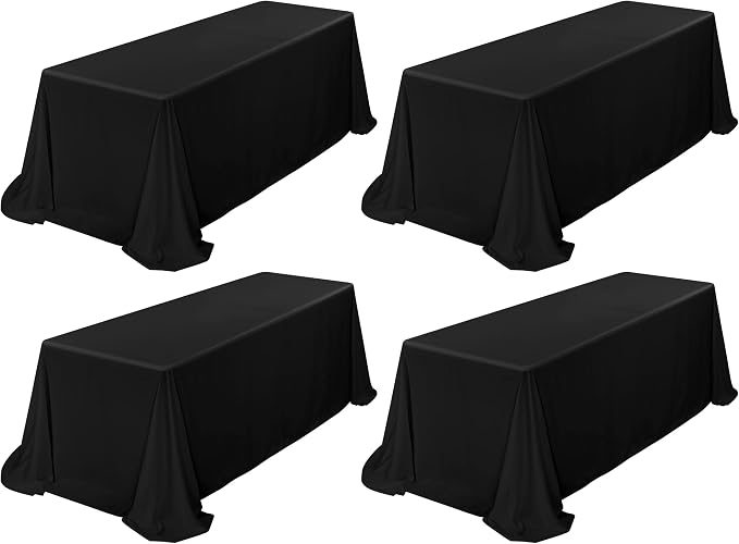 Showgeous 4 Pack Black Rectangle Tablecloth, 90 x 156 Inch, Wrinkle Resistant, Washable Polyester, Perfect for 8FT Tables, Weddings, Birthdays, Parties