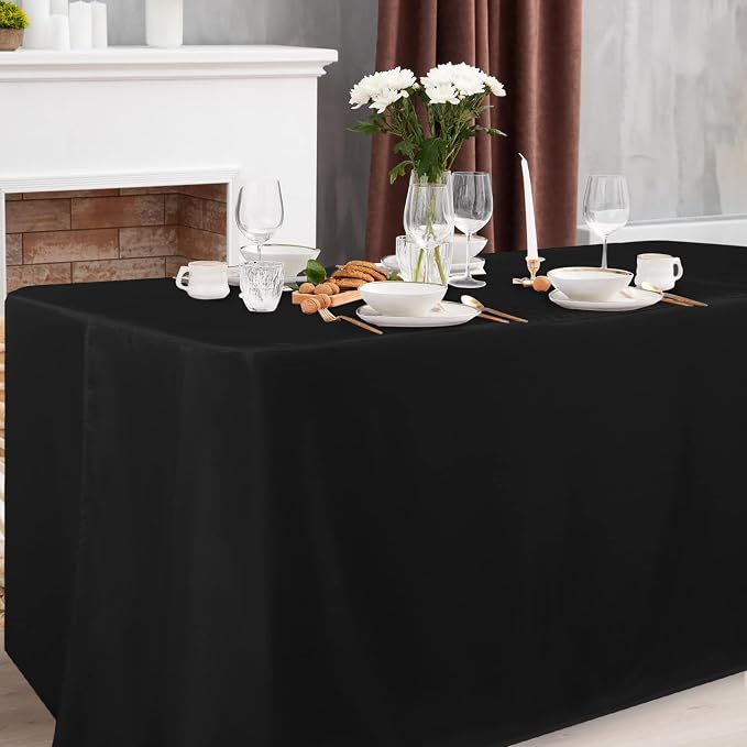 Obstal 2 Pack Black Tablecloth Fitted Table Clothes for 8 Foot Rectangle Tables - Water Resistant Washable Fabric Polyester Rectangle Table Cover for Outdoor/Indoor Uses?96L x 30W x 30H Inches, Black?