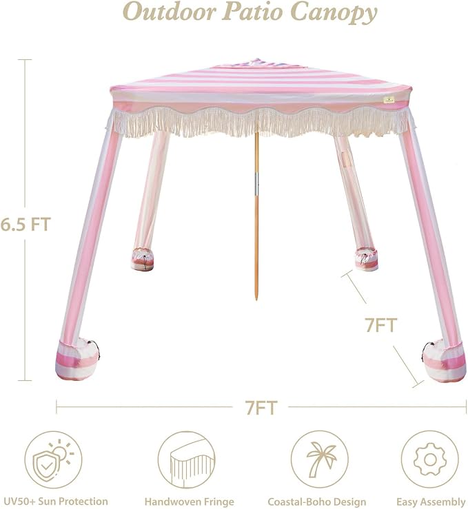 AMMSUN Beach Cabana with Fringe, 7' x 7' Boho Beach Canopy with Tassels, Easy Set up & Premium Wood Pole, Cabana Tent with Sand Pockets, Instant Sun Shade for Sand, Garden, Patio, Rose Stripes