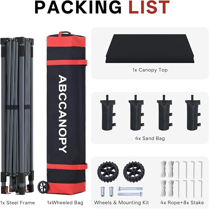 ABCCANOPY 10x10 Pop Up Canopy Tent, Easy Setup Instant Shelter with Wheeled Bag, Heavy Duty Outdoor Canopy for Beach, Market, Backyard, UV Protection, Outdoor Weather Protection (Dark Black, 10x10)