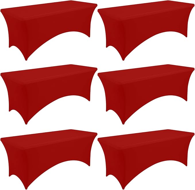 Moosfor Spandex Elastic Fitted 8FT Rectangle Tablecloth 6 Pack, Stretch Washable Reusable Table Cover for Outdoor Picnic, Dining, Wedding, Banquet & Party Events (Red, 96Lx30Wx30H Inch)
