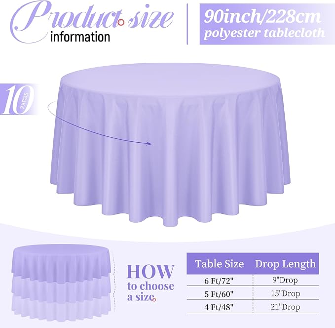 10 Pack Light Purple Round Tablecloths 90 Inch, Polyester Round Table Cloth Circle Bulk Linen Washable Table Cloth Stain and Wrinkle Resistant Circle Table Cover for Wedding Party Dining Banquet