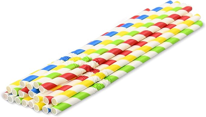 Flexible Paper Drinking Straws, 250 Count, 7.75" Long, 0.24" diameter - 100% Biodegradable - Assorted Striped Colors