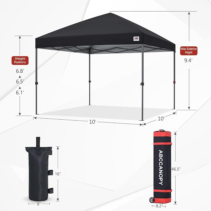 ABCCANOPY 10x10 Pop Up Canopy - Outdoor Patio Portable Canopy Tent Gazebo Heavy Duty for Backyard and Deck with 4 Sandbags and 8 Stakes (Black)