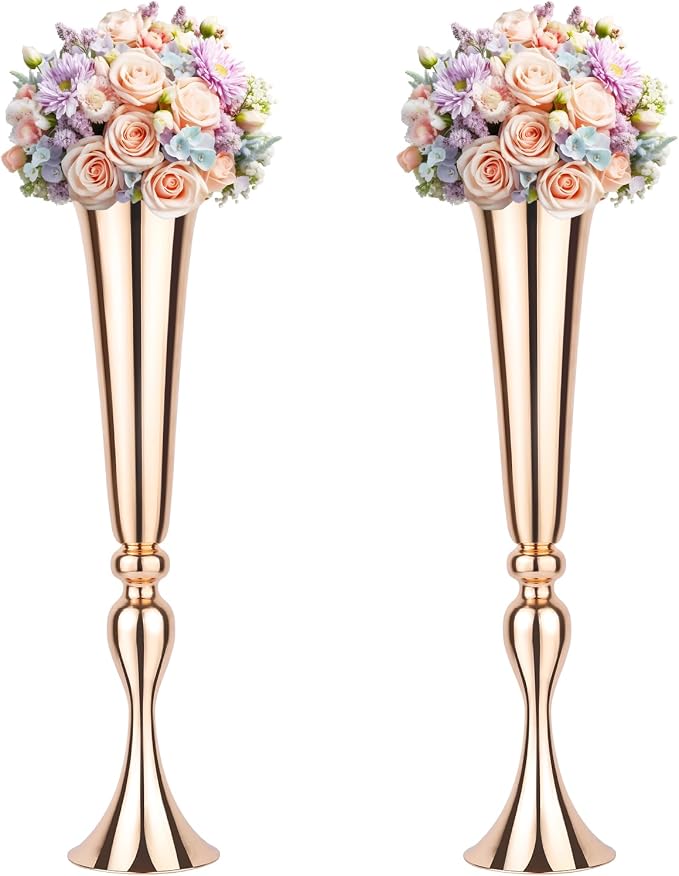 2 Set Rose Gold Vases Centerpieces for Table, Mjkeomo Trumpet Vases 21.9'' Tall Rose Gold Vase for Centerpieces, Table Centerpieces for Party Event, Christmas, Wedding, Valentine's Day