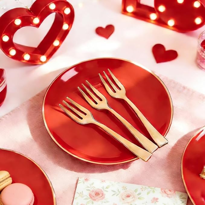 Festiva 200Pcs Red Gold Dessert Plates 6.3" with Plastic Forks 5"-Small Disposable Plates- Dessert/Cake/Appetizer Plastic Plates include 100Plates 100Forks for Birthday Party&July 4th