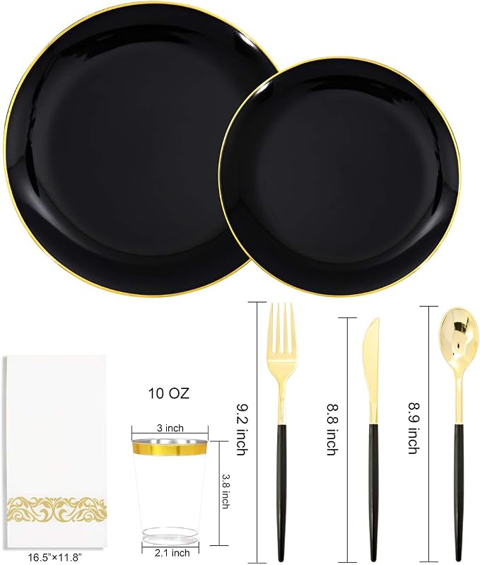 Supernal 350PCS Black and Gold Plastic Dinnerware Set (Serves 50 Guests) - Extra Heavyweight Black Plates with Premium White Handle Gold Utensils, Cups, Napkins for Graduation, Wedding Party
