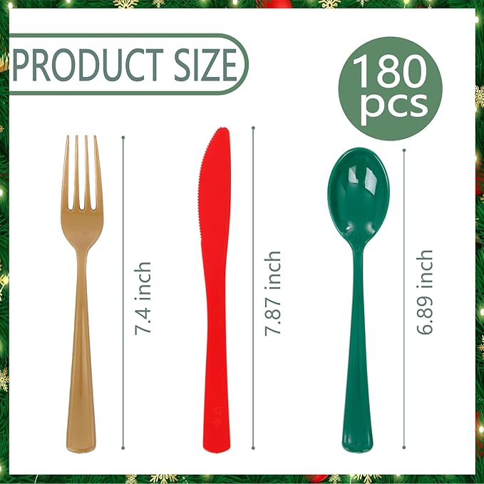 WDF 180 Pieces Plastic Silverware - Disposable Cutlery Set Incluede 60 Gold Forks, 60 Red Knives and 60 Green Spoons - Heavy Duty Plastic Flatware - Disposable Utensils for Wedding Party Birthday
