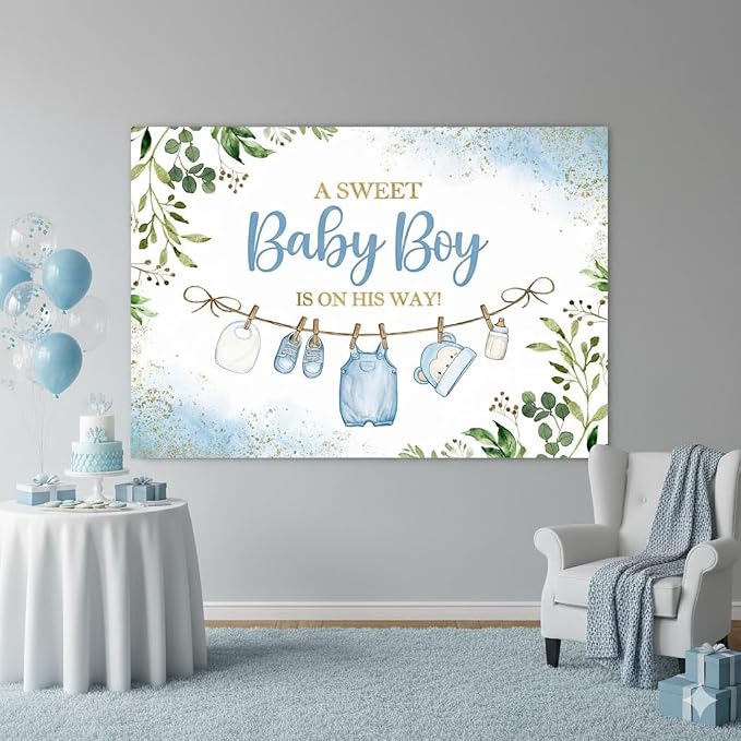 5x3ft Cute Clothes Baby Shower Backdrop for Boys a Sweet Baby Boy is on The Way Newborn Kids Blue Leaves Gold Dots Baby Shower Party Decorations Banner Supplies Photo Booth Props