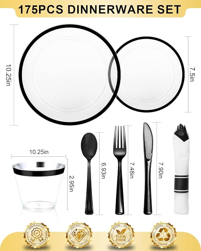 BESTVIP 175PCS Plastic Clear Black Plates for Party, Disposable Dinnerware Set for 25 Guests, 50 Plastic Plates, 25 Cups, 25 Pre-Rolled Napkins with Cutlery for Party, Christmas, Wedding