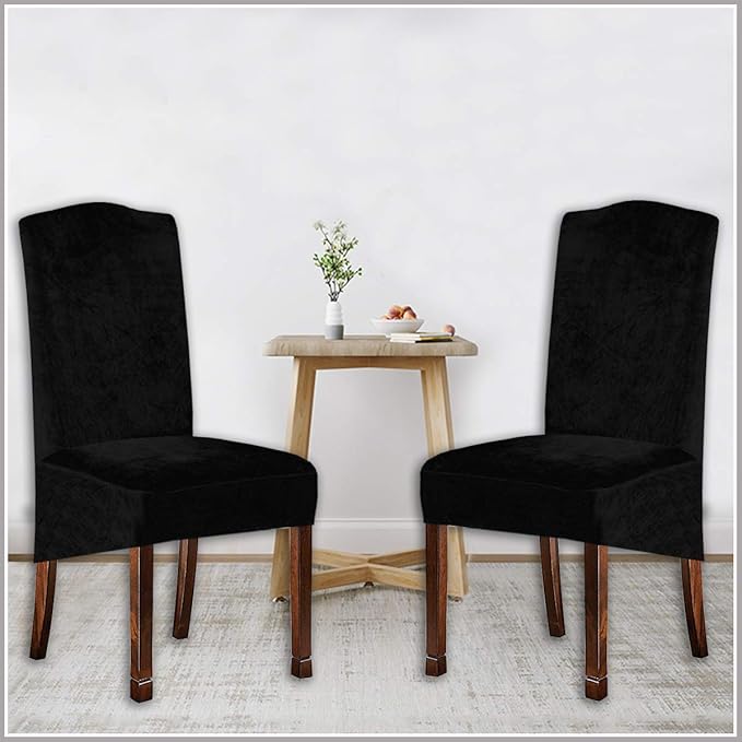 Velvet Plush XL Dining Chair Covers, Stretch Chair Slipcover, Spandex High Chairs Protector Covers Seat Slipcover with Elastic Band for Dining Room,Wedding, Ceremony, Banquet (Black, Set of 6)