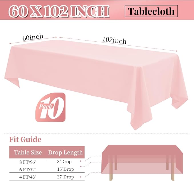 fani 10 Pack 60 x 102 Inch Tablecloth, Pink Tablecloth for 6 Feet Rectangle Tables, Stain and Wrinkle Resistant Washable Fabric Table Cloth for Wedding Party Dining Table Buffet Parties Camping