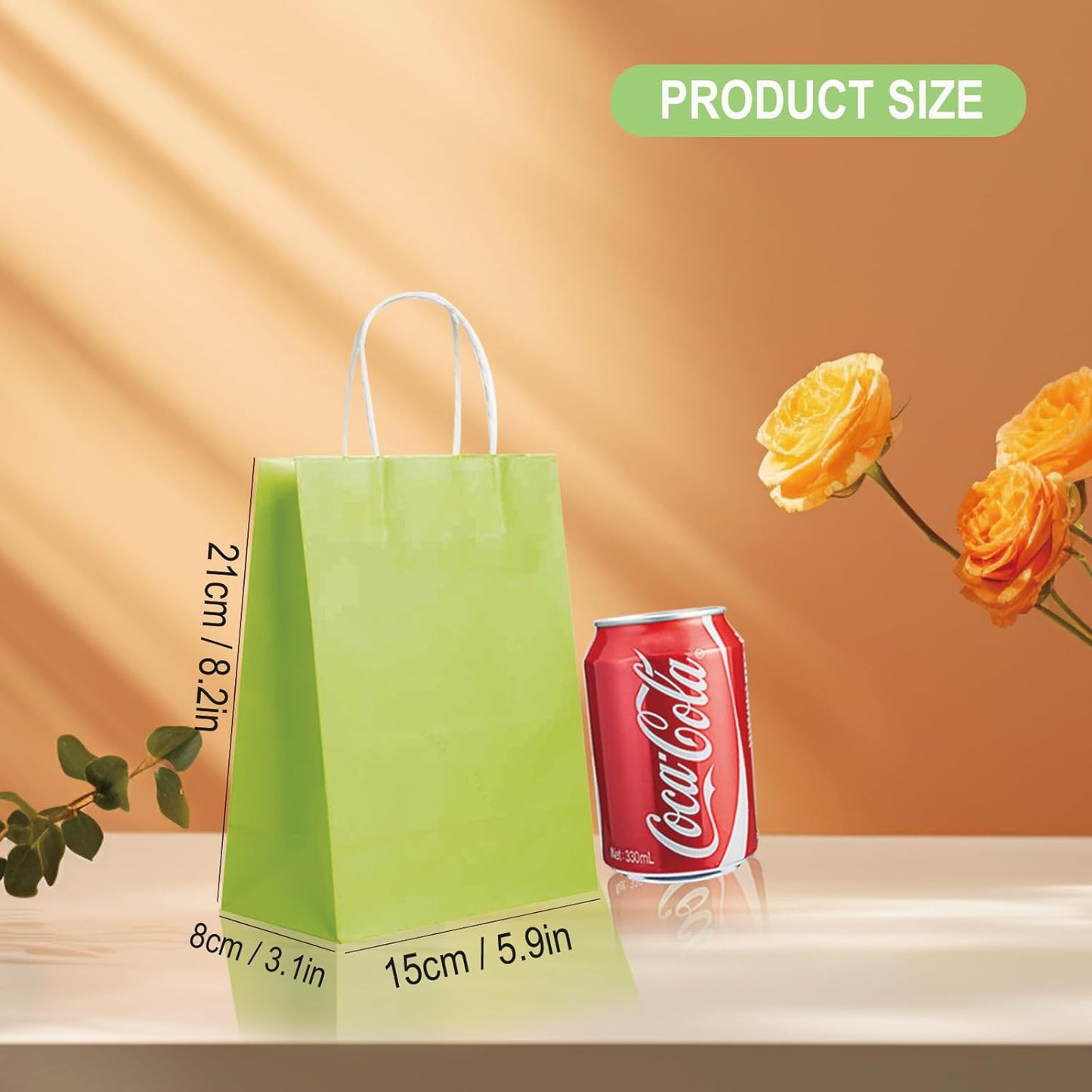 BAG BOX 25 Pack Small 5.9x3.1x8.25 Inch Green Kraft Paper Gift Bags with Handles for Bulk Shopping, Retail, Craft, Party Favors, Wedding, Grocery & Sacks
