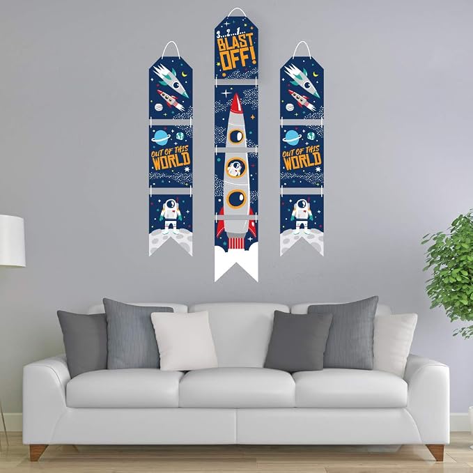 Big Dot of Happiness Blast Off to Outer Space - Hanging Vertical Paper Door Banners - Rocket Ship Baby Shower or Birthday Party Wall Decoration Kit - Indoor Door Decor