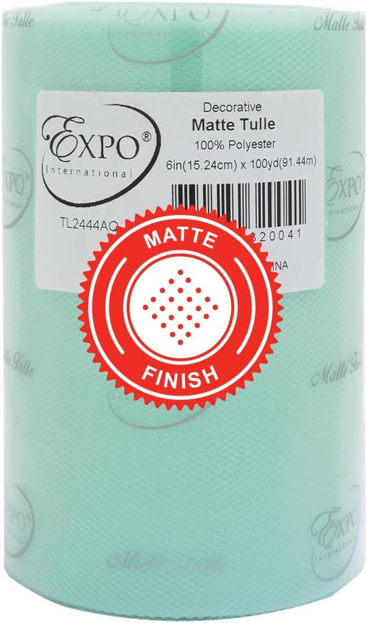 Expo International Decorative Matte Tulle, Roll/Spool of 6” X 100 Yards, Lightweight Polyester Tulle Fabric for Tutus, Costumes, and Party Decorations, Washable, Easy-to-Use, Aqua Blue