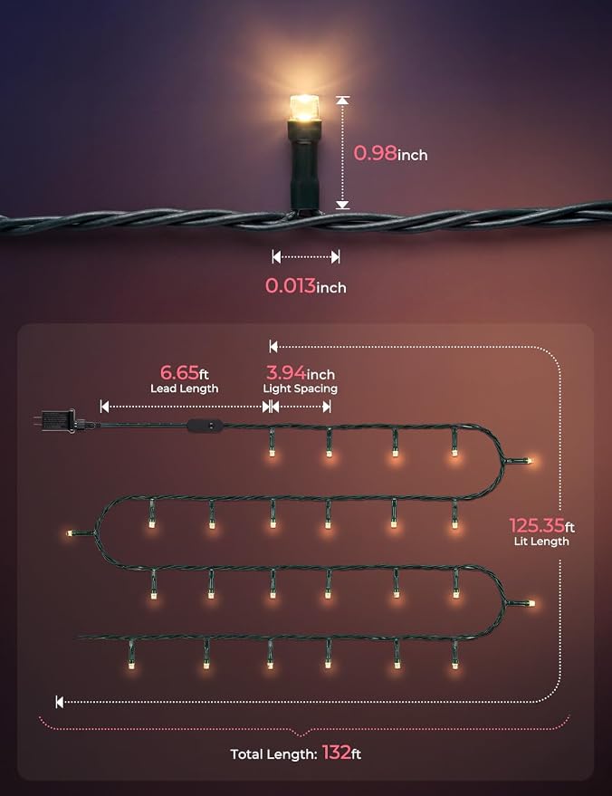 Minetom LED Color Changing Smart RGB Christmas Tree Lights, 132ft 400LED String Lights, 16 Milion Adjustable Colors Fairy Lights with Remote & Timer & Memory Function for Xmas Tree Holiday Party