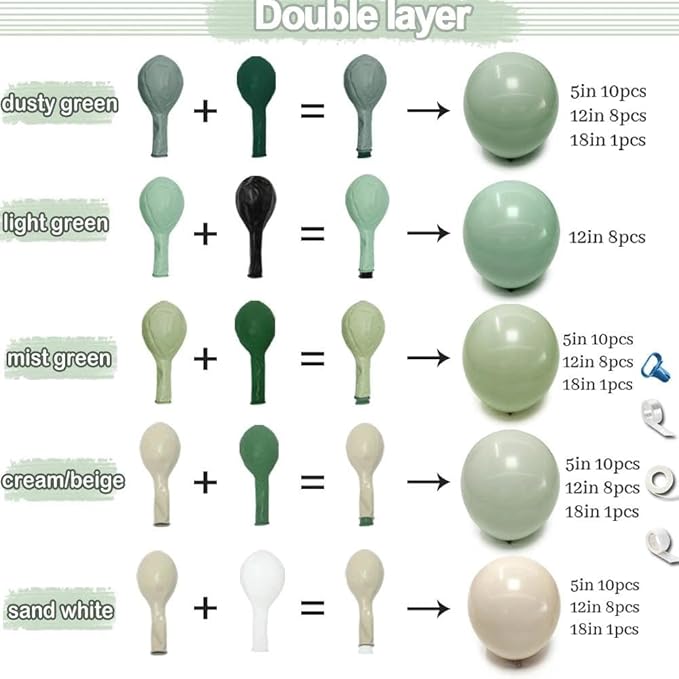Dusty Green White Balloon Arch Double Stuffed Sage Light Green White Sand Beige Balloon Garland Eucalyptus Leaves for Baby Shower Neutral Birthday Woodland Bridal Wedding Gender Reveal Party Decor