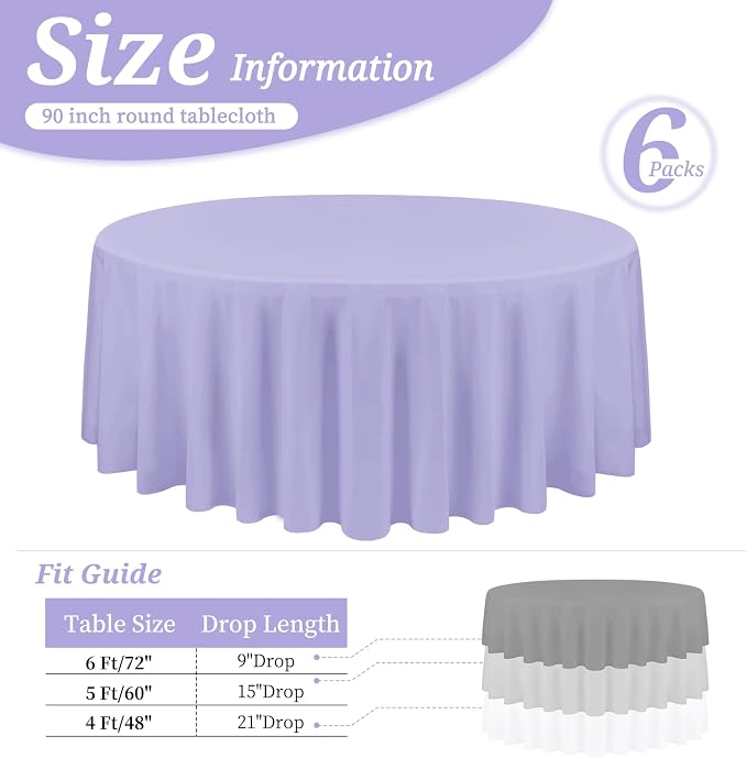 YMHPRIDE 6 Pack Round Tablecloth Lavender Table Cloths 90 Inch Polyester Round Tablecloth,Lavender Tablecloths Round 90 inch Washable Fabric Table Covers for Wedding,Party,Dining,Banquet