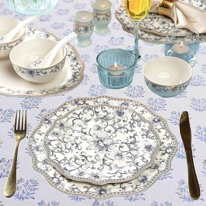 Ridhi Sky Beau Blue Hand Block Print Cotton Rectangle Tablecloth 190" x 72" inches Reusable Table Cover Decorative Everyday Use for Dining Room, Farmhouse, Home Gift for Spring, Mother's Day