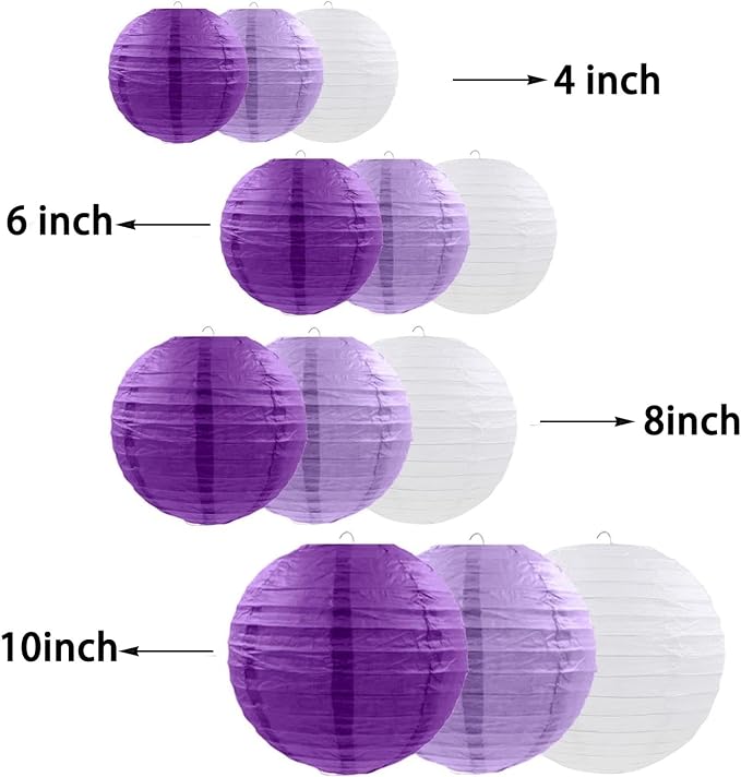 CC wonderland zone 12pcs Purple Hanging Paper Lanterns,Lilac Round Paper Lanterns for Birthday,Baby Shower,Wedding,Party,Home Ceiling Decoration（4" 6" 8" 10" ）
