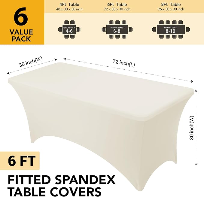 6-Pack Premium Cream Spandex Tablecloths for 6ft Rectangle Tables, Stain & Wrinkle-Resistant, Washable Stretch Polyester Fitted Table Cover for Weddings, Banquets, Trade Shows Events